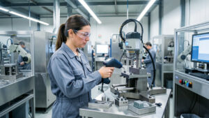 Opératrice en tenue de travail scannant un composant métallique dans un atelier industriel moderne, éclairé par une lumière professionnelle.