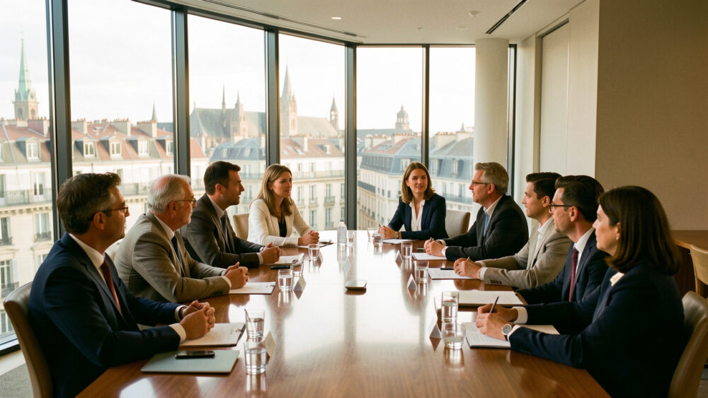 Équipe professionnelle réunie autour d’une table dans un espace lumineux et élégant, avec une vue sur la ville de Lyon.