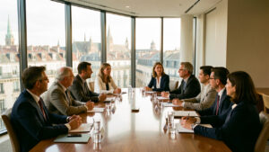 Équipe professionnelle réunie autour d’une table dans un espace lumineux et élégant, avec une vue sur la ville de Lyon.