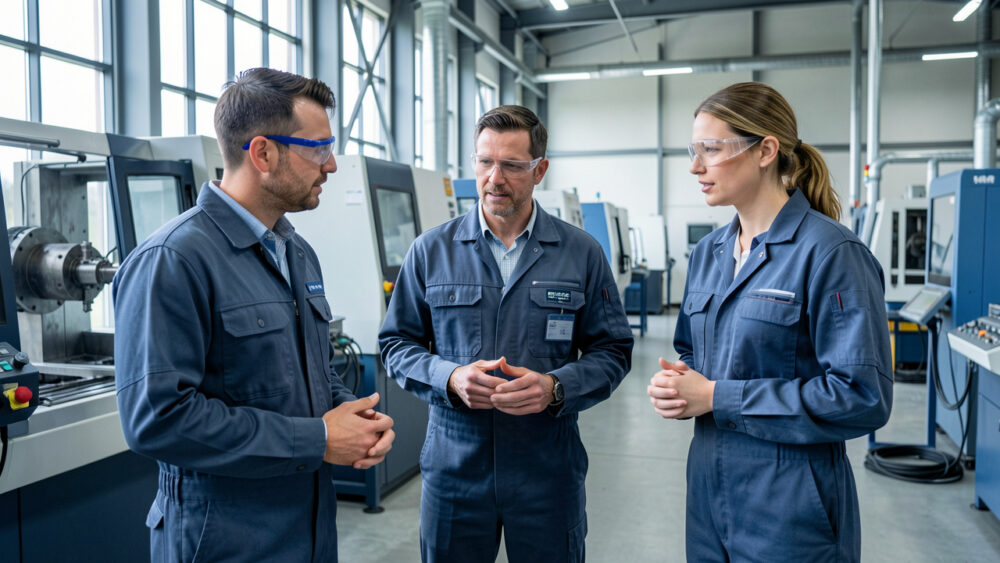 Une équipe mixte de trois techniciens, deux hommes et une femme, échange près de machines dans un atelier industriel moderne éclairé par la lumière naturelle.
