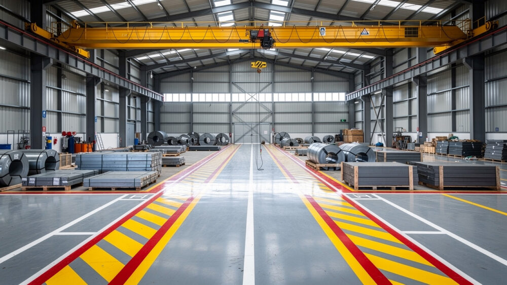 Vue intérieure réaliste d’une grande halle industrielle en acier avec pont roulant, charges lourdes sécurisées et zones de circulation matérialisées au sol.
