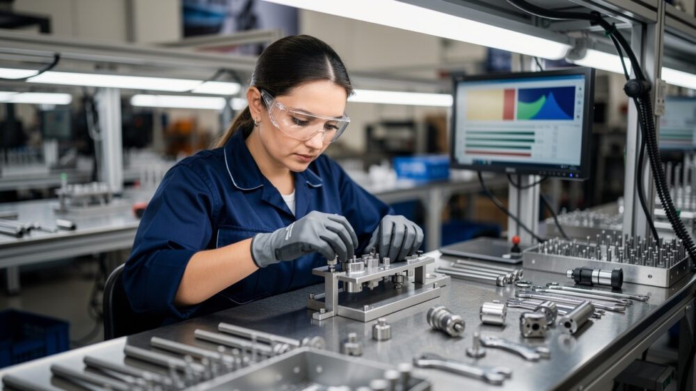 Opératrice en tenue de travail utilisant un gabarit de positionnement sur une ligne d’assemblage industrielle moderne, entourée de composants mécaniques et d’un écran de contrôle qualité.