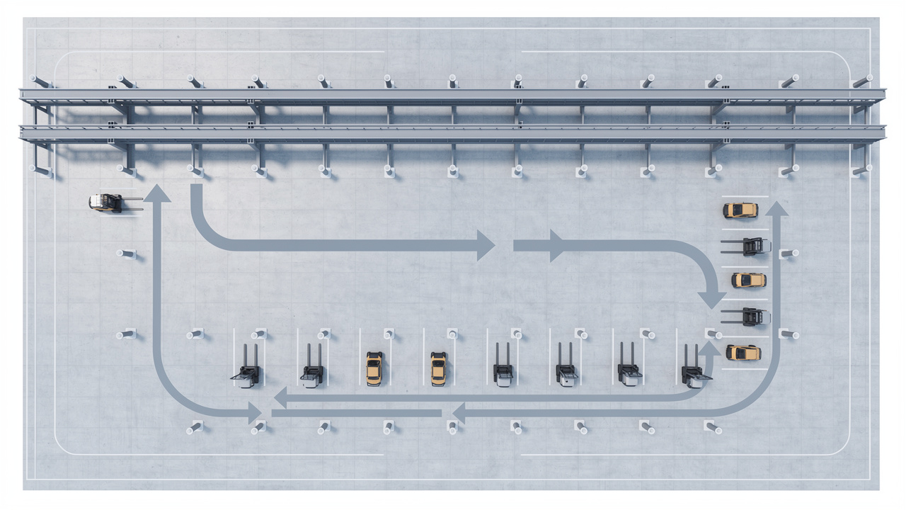 Plan technique vu du dessus d’un bâtiment industriel montrant la dalle, les chemins de roulement, les poteaux, plusieurs chariots élévateurs et les flux logistiques.
