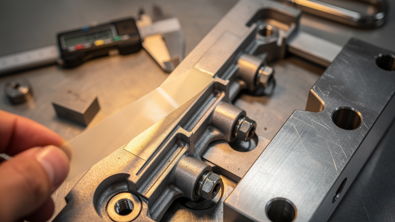Gros plan technique montrant la pose précise d’un ruban adhésif découpé sur mesure sur un sous-ensemble industriel, avec un gabarit métallique et des outils de contrôle dimensionnel sous un éclairage d’atelier.