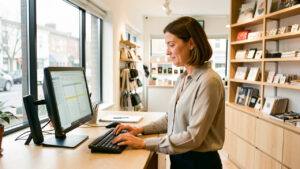 Une responsable de boutique organise le planning de son équipe sur un ordinateur dans un commerce lumineux et moderne.