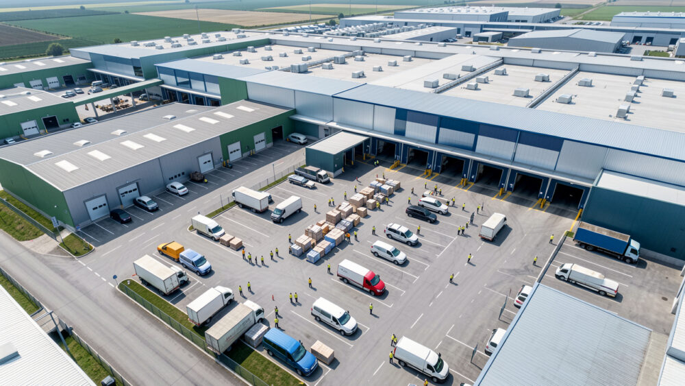 Vue aérienne d’un site industriel moderne avec zones logistiques, bâtiments de production, voies de circulation organisées et équipes en tenue de sécurité.