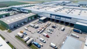 Vue aérienne d’un site industriel moderne avec zones logistiques, bâtiments de production, voies de circulation organisées et équipes en tenue de sécurité.