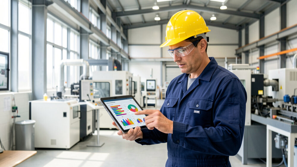 Technicien industriel portant un casque jaune et une tenue de protection, analysant des données de maintenance sur une tablette dans une usine moderne et lumineuse.