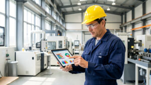 Technicien industriel portant un casque jaune et une tenue de protection, analysant des données de maintenance sur une tablette dans une usine moderne et lumineuse.