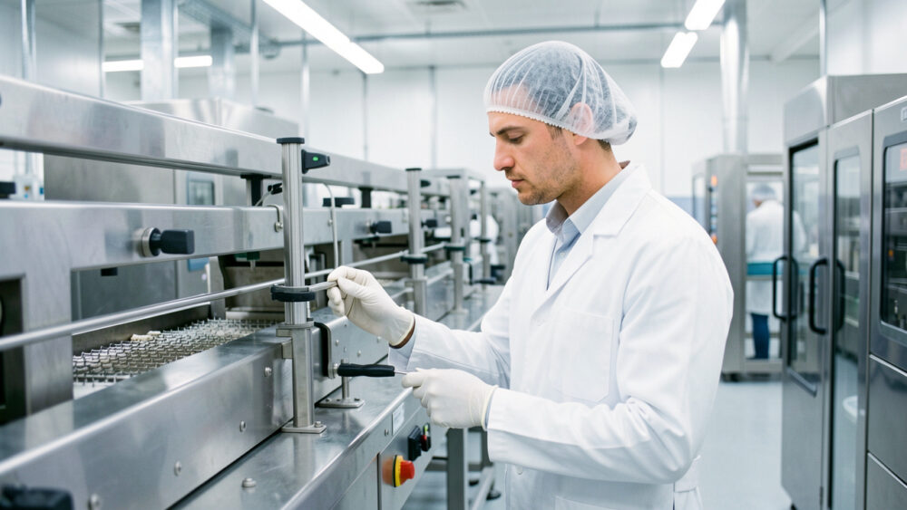 Technicien en blouse, charlotte et gants inspectant une ligne de production agroalimentaire moderne dans un environnement propre et lumineux.