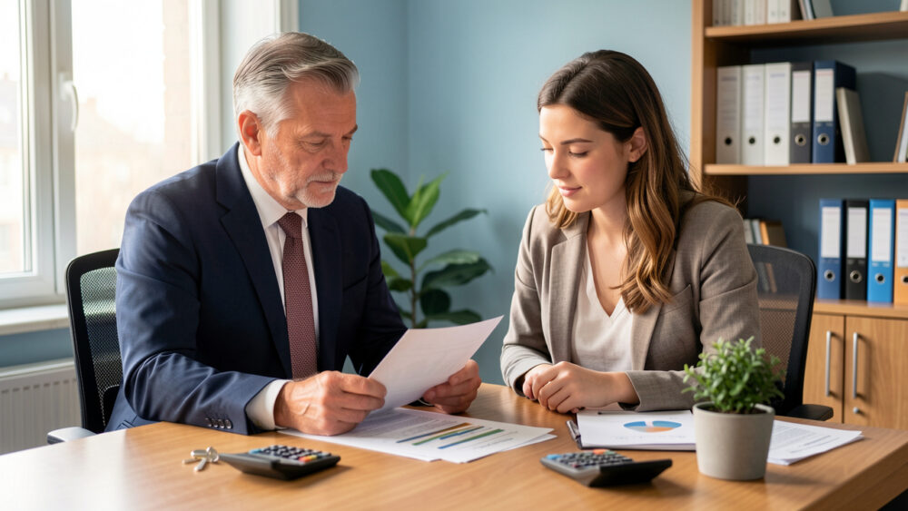 Un chef d’entreprise mûr et une conseillère examinent ensemble des documents professionnels organisés dans un bureau, avec une clé sécurisée, une calculatrice et une plante symbolisant la continuité de l’activité.