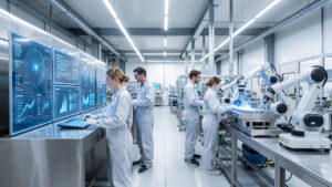 Usine moderne et lumineuse avec quatre opérateurs en tenue professionnelle, des tableaux de bord numériques abstraits et des machines automatisées en fonctionnement.