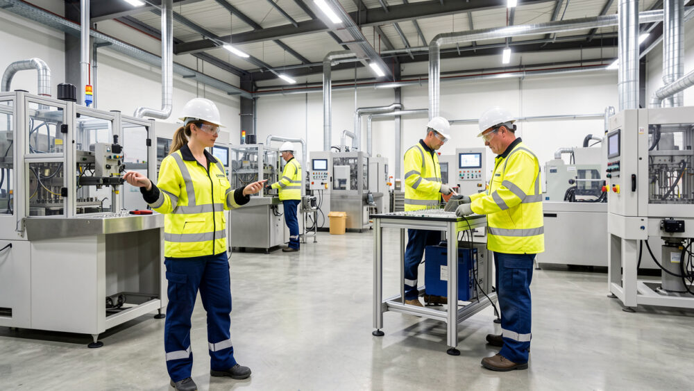 Atelier industriel moderne et lumineux où deux femmes et deux hommes équipés de casques, lunettes et vêtements de protection travaillent avec des machines de production.