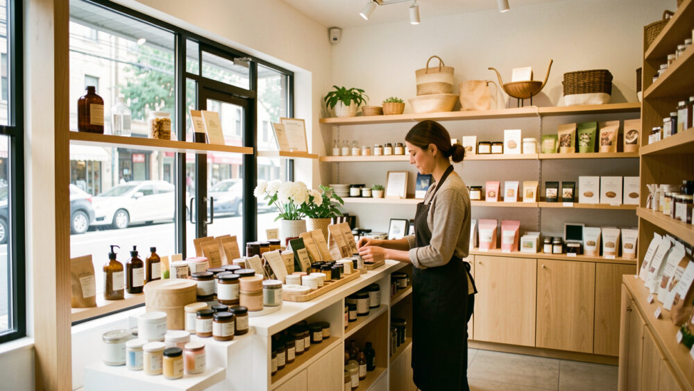 Une commerçante prépare une vitrine lumineuse dans une boutique indépendante moderne, avec des produits variés et des étagères soigneusement rangées.