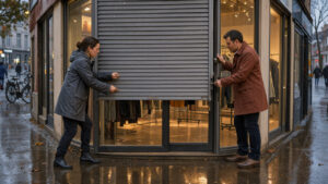 Devanture d’une boutique de prêt-à-porter française sous la pluie d’automne, avec une femme et un homme qui sécurisent l’entrée avant la fermeture.