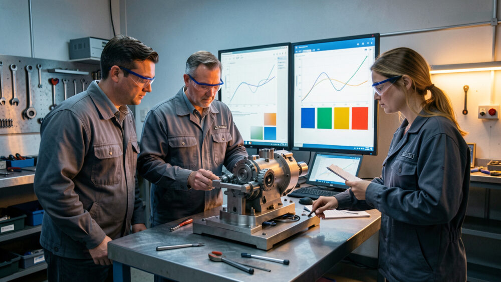 Deux hommes et une femme ingénieurs examinent un prototype mécanique dans un atelier industriel moderne, devant des panneaux de suivi visuels.