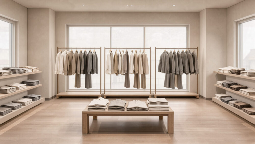 Illustration éditoriale d’un magasin de vêtements minimaliste d’inspiration japonaise, avec des basiques soigneusement rangés sur des étagères et des portants, éclairés par une lumière douce.