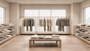 Illustration éditoriale d’un magasin de vêtements minimaliste d’inspiration japonaise, avec des basiques soigneusement rangés sur des étagères et des portants, éclairés par une lumière douce.