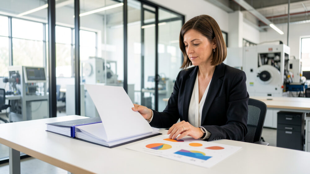 Une responsable des ressources humaines examine des dossiers vierges sur un bureau dans un environnement industriel moderne, lumineux et professionnel.