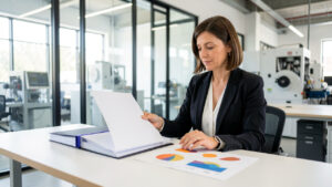 Une responsable des ressources humaines examine des dossiers vierges sur un bureau dans un environnement industriel moderne, lumineux et professionnel.