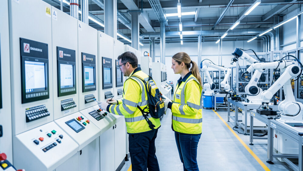 Une usine moderne et lumineuse où un homme et une femme en tenue de sécurité surveillent des équipements industriels automatisés.